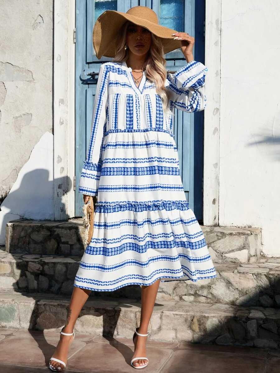 SHEIN VCAY Geo Print Notched Neck Ruffle Hem Smock Dress - Blue and White - View 1