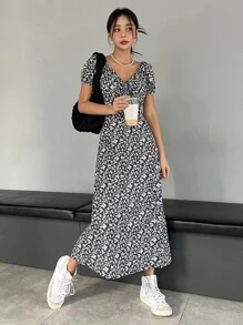 DAZY Vestido camisero de flores diminutas con pliegues en la parte delantera - Multicolor - Ver 5