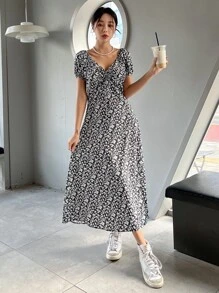 DAZY Vestido camisero de flores diminutas con pliegues en la parte delantera - Multicolor - Ver 6