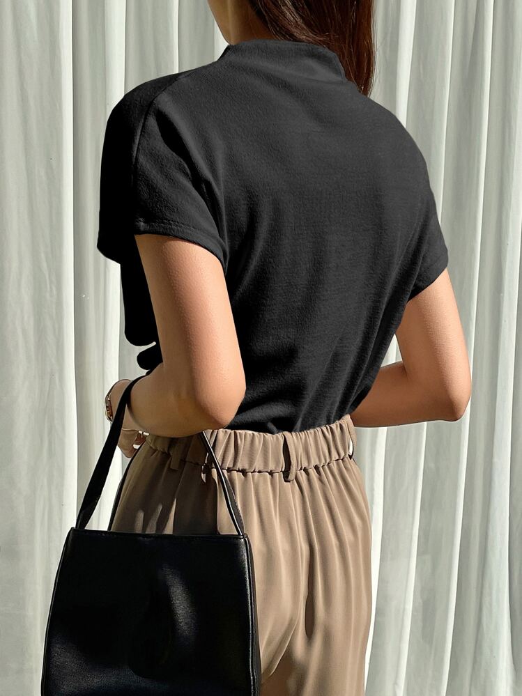 Mock Neck Batwing Sleeve Tee,Business Casual Women - Black - View 2