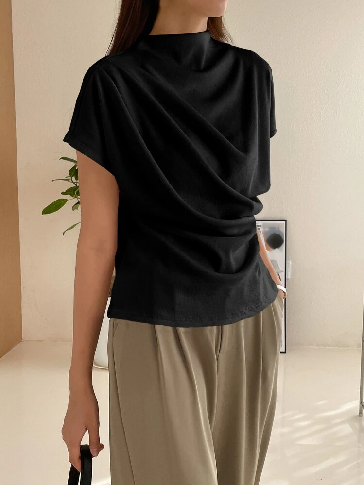 Mock Neck Batwing Sleeve Tee,Business Casual Women - Black - View 3
