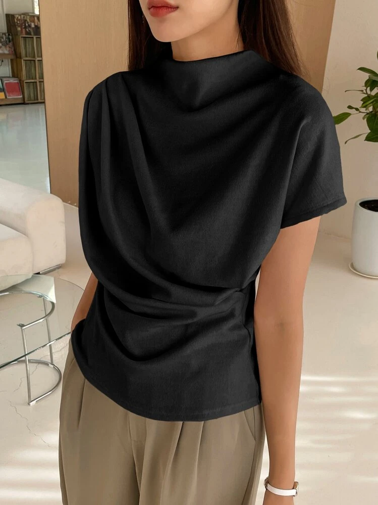 Mock Neck Batwing Sleeve Tee,Business Casual Women - Black - View 4