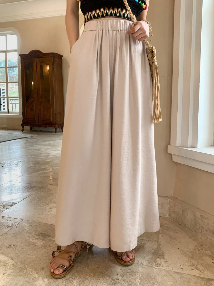 DAZY Slant Pocket Elastic Waist Wide Leg Trousers - Apricot - View 1
