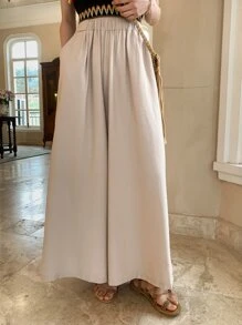 DAZY Slant Pocket Elastic Waist Wide Leg Trousers - Apricot - View 3