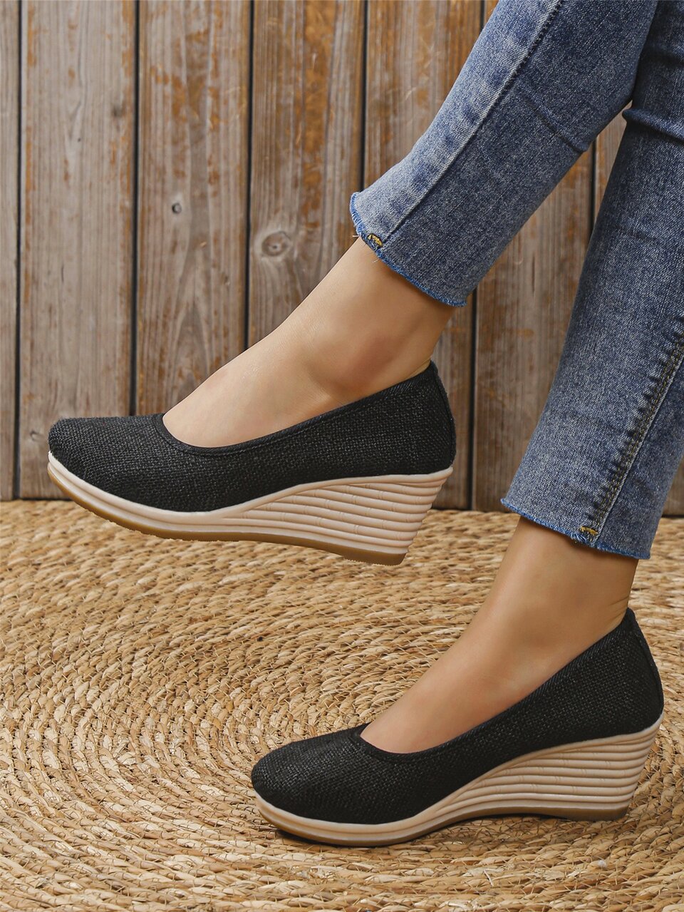 New Women's Solid Color Versatile Platform Wedge High Heel Pumps, Elegant Spring Summer Autumn Black Linen Loafers