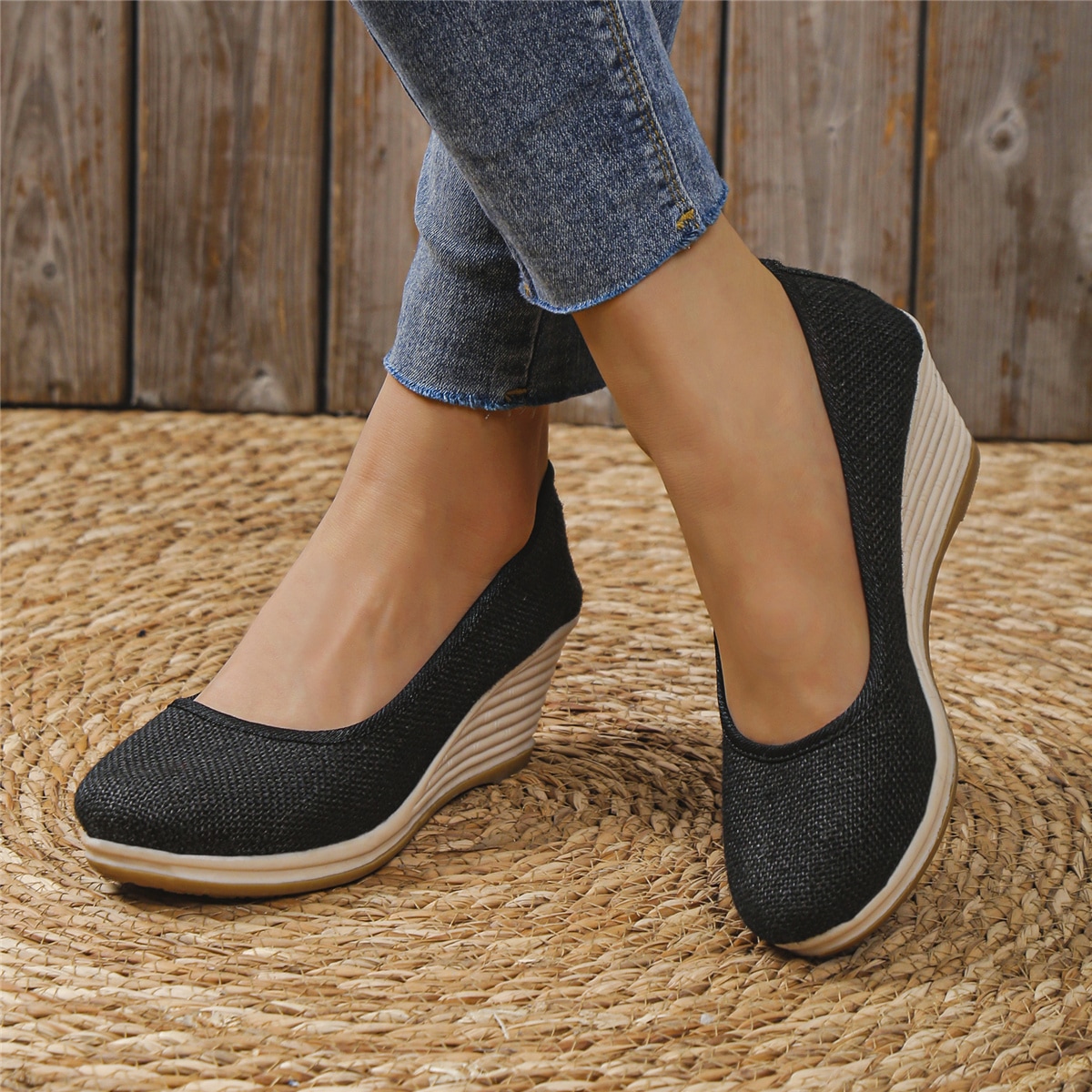 Nuevos tacones de cuña de plataforma de unicolor y versátiles para mujer, elegantes mocasines de lino negro para primavera, verano y otoño