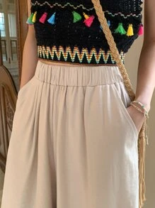 DAZY Slant Pocket Elastic Waist Wide Leg Trousers - Apricot - View 6