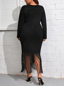 SHEIN Clasi Plus Fringe Hem Glitter Dress - Black - View 2