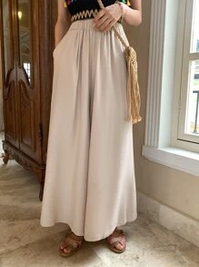 DAZY Slant Pocket Elastic Waist Wide Leg Trousers - Apricot - View 7