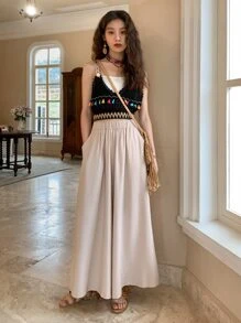 DAZY Slant Pocket Elastic Waist Wide Leg Trousers - Apricot - View 8