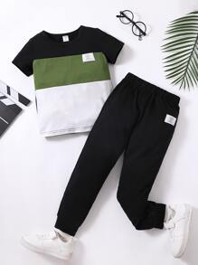 SHEIN Toddler Boys Colourblock Letter Patched Detail Tee & Joggers - Multicolor - View 1