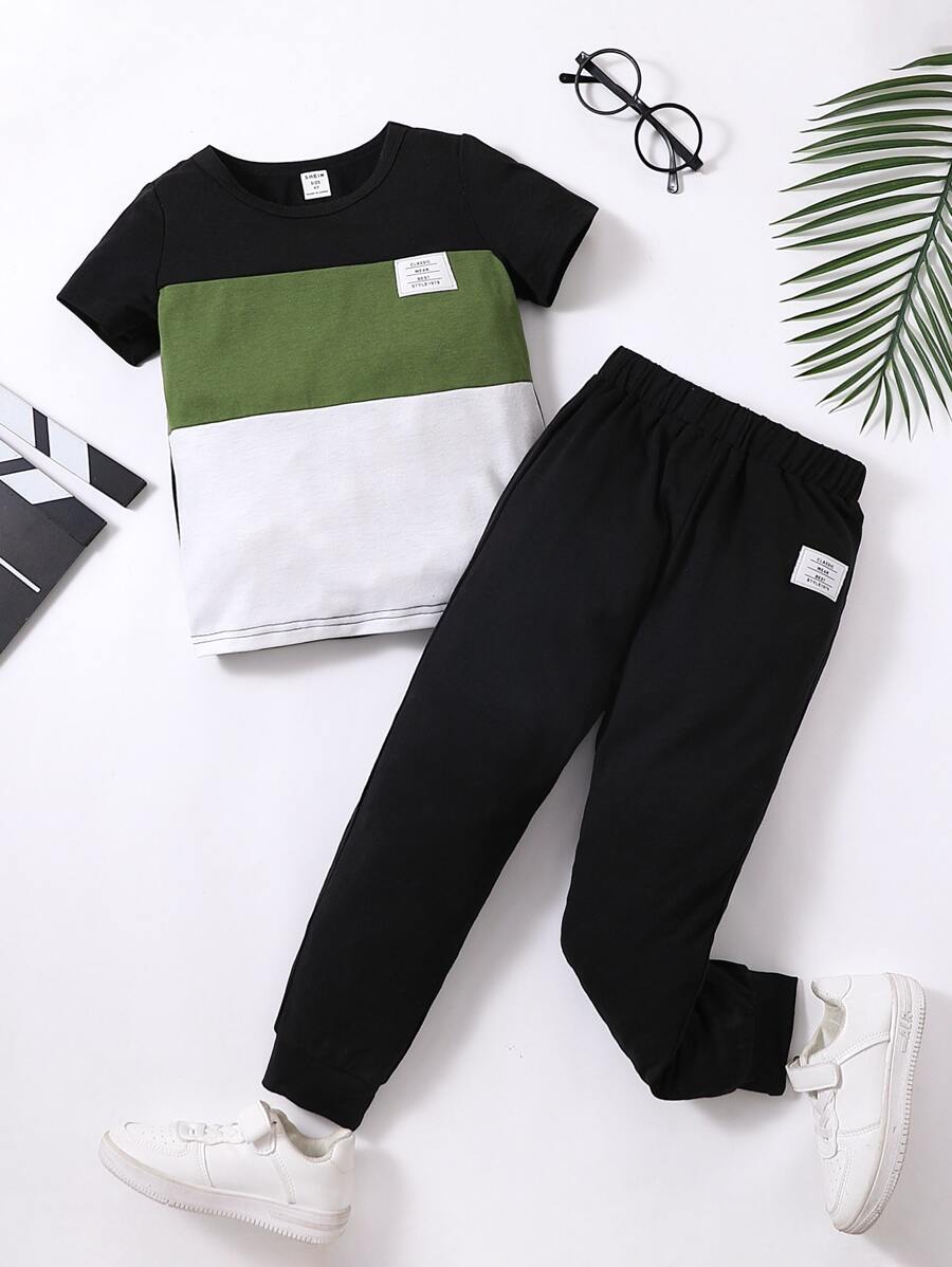 SHEIN Toddler Boys Colourblock Letter Patched Detail Tee & Joggers - Multicolor - View 1