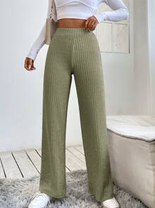 SHEIN PETITE High Waist Straight Leg Trousers - Army Green - View 1