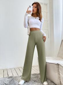 SHEIN PETITE High Waist Straight Leg Trousers - Army Green - View 3