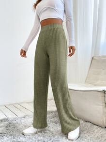 SHEIN PETITE High Waist Straight Leg Trousers - Army Green - View 4