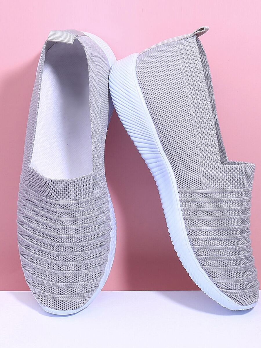 Knit Slip On Sneakers, Light Gray Athletic Solid Color Women's Casual Sneakers - Light Grey - View 1