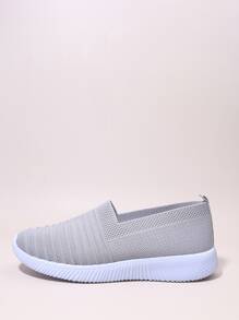 Knit Slip On Sneakers, Light Gray Athletic Solid Color Women's Casual Sneakers - Light Grey - View 4
