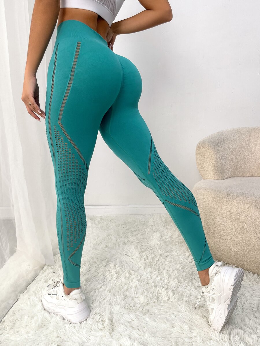 瑜伽褲襪緊縮褶皺臀部寬腰帶緊身打底褲帶鏤空設計