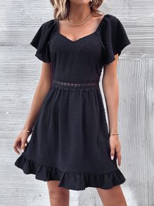 SHEIN VCAY Swiss Dot Guipure Lace Insert Ruffle Hem Dress - Black - View 1