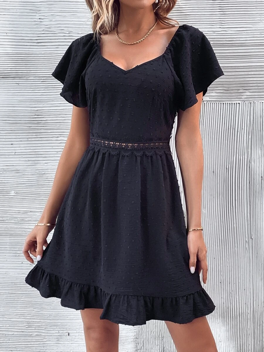 SHEIN VCAY Swiss Dot Guipure Lace Insert Ruffle Hem Dress - Black - View 1