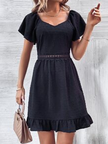SHEIN VCAY Swiss Dot Guipure Lace Insert Ruffle Hem Dress - Black - View 3
