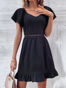 SHEIN VCAY Swiss Dot Guipure Lace Insert Ruffle Hem Dress - Black - View 4