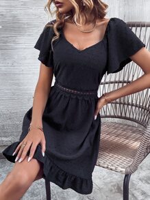 SHEIN VCAY Swiss Dot Guipure Lace Insert Ruffle Hem Dress - Black - View 5