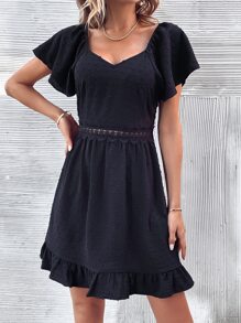 SHEIN VCAY Swiss Dot Guipure Lace Insert Ruffle Hem Dress - Black - View 6
