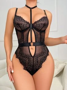 Floral Lace Cut Out Ring Linked Teddy Bodysuit - Black - View 3