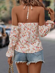 SHEIN LUNE Allover Floral Print Guipure Lace Insert Halter Neck Blouse - Multicolor - View 2
