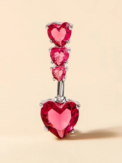 1 pieza Anillo de ombligo de acero inoxidable con 4 piedras de circonita con forma de corazón, piercing de ombligo, joyería corporal