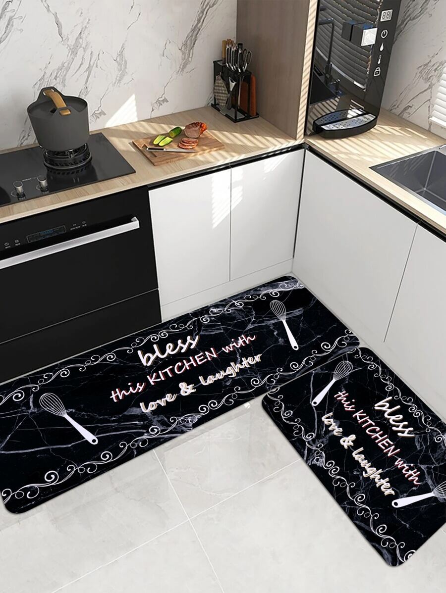 1pc Marble Printed Kitchen Floor Mat, Plush Rectangular Soft Anti-Slip Water Absorbent Rug Suitable For Home Kitchen Dining Room Living Room ,Room Decor - Multicolor - View 1