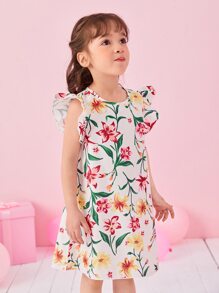 Toddler Girls 1pc Floral Print Ruffle Trim Dress - White - View 1