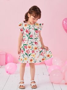 Toddler Girls 1pc Floral Print Ruffle Trim Dress - White - View 4