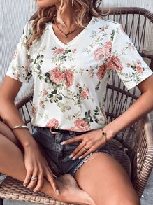 SHEIN LUNE Floral Print V Neck Tee - White - View 1