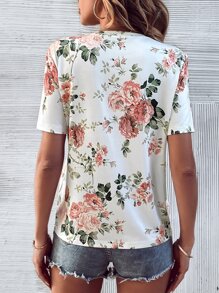 SHEIN LUNE Floral Print V Neck Tee - White - View 2
