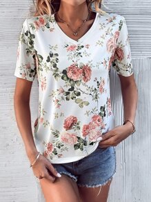 SHEIN LUNE Floral Print V Neck Tee - White - View 4