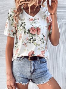 SHEIN LUNE Floral Print V Neck Tee - White - View 5