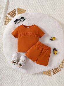 Bebé Shorts con camiseta con letra con textura - Óxido marrón - Ver 1