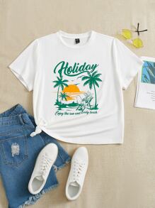 SHEIN EZwear Plus Letter & Palm Tree Print Tee - White - View 1
