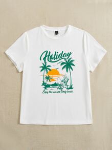 SHEIN EZwear Plus Letter & Palm Tree Print Tee - White - View 8