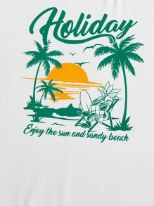 SHEIN EZwear Plus Letter & Palm Tree Print Tee - White - View 9