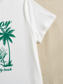 SHEIN EZwear Plus Letter & Palm Tree Print Tee - White - View 10