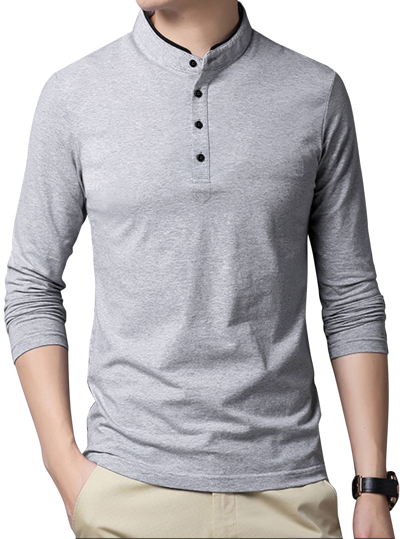 男士立领长袖Polo衫 - 淺灰色 - 查看 1