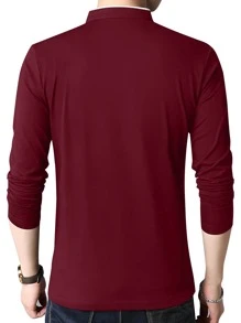 95%纯棉男士立领纽扣半开襟长袖Polo衫 - 酒紅色 - 查看 2