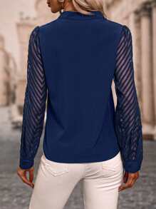 SHEIN Clasi Notched Neckline Contrast Mesh Shirt,Long Sleeve Tops Fall Cloth For Women - Navy Blue - View 2