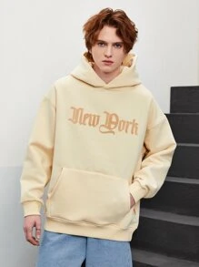 Men Drop Shoulder Letter Patched Hoodie - Beige - View 1