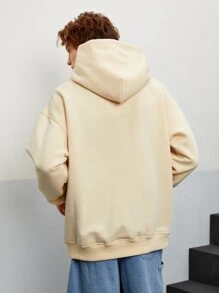 Men Drop Shoulder Letter Patched Hoodie - Beige - View 2