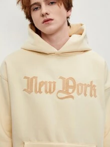 Men Drop Shoulder Letter Patched Hoodie - Beige - View 3