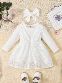 Đầm em bé Tương phản ren 2 trong1 màu trơn Buổi tiệc - trắng - Xem 1